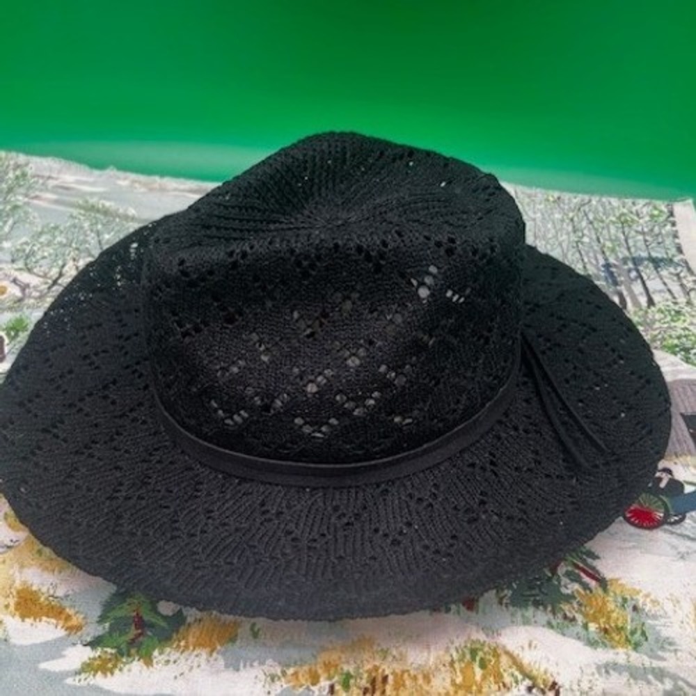 Anthropologie Knit Fedora Cowboy Hat Women OS Black Pointelle Wide Brim Sun Hat